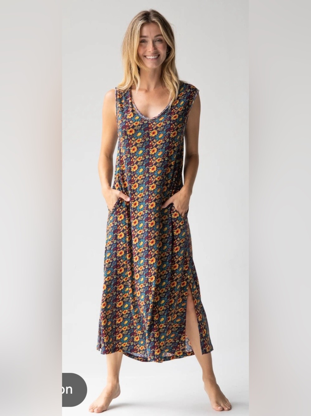 NATURAL LIFE Hangout Cotton Midi Dress in Olive Navy Floral
